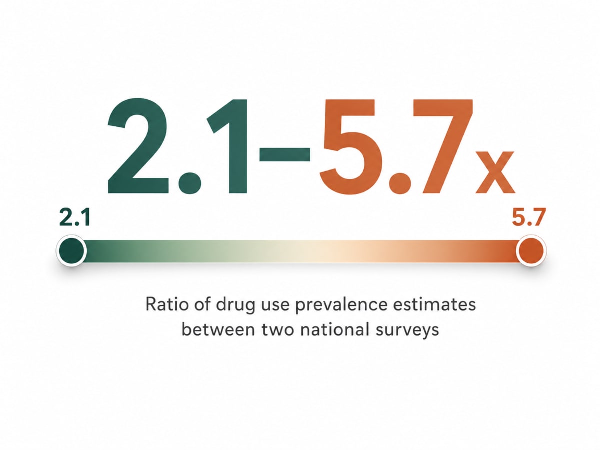 Infographic showing Ratio of drug use prevalence estimates between two national surveys: 2.1-5.7x