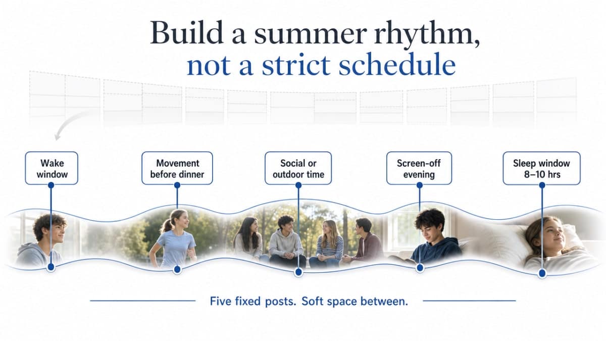 Visualize the five daily anchor points described in the section as a flexible rhythm rather than a rigid schedule, supporting the article's framework
