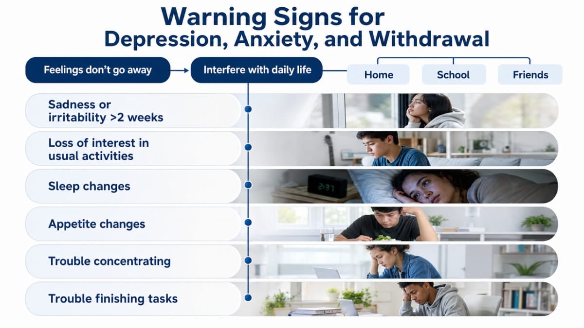 Visualize the cited NIMH warning signs cluster that parents are asked to watch for, supporting the section's list of specific signals